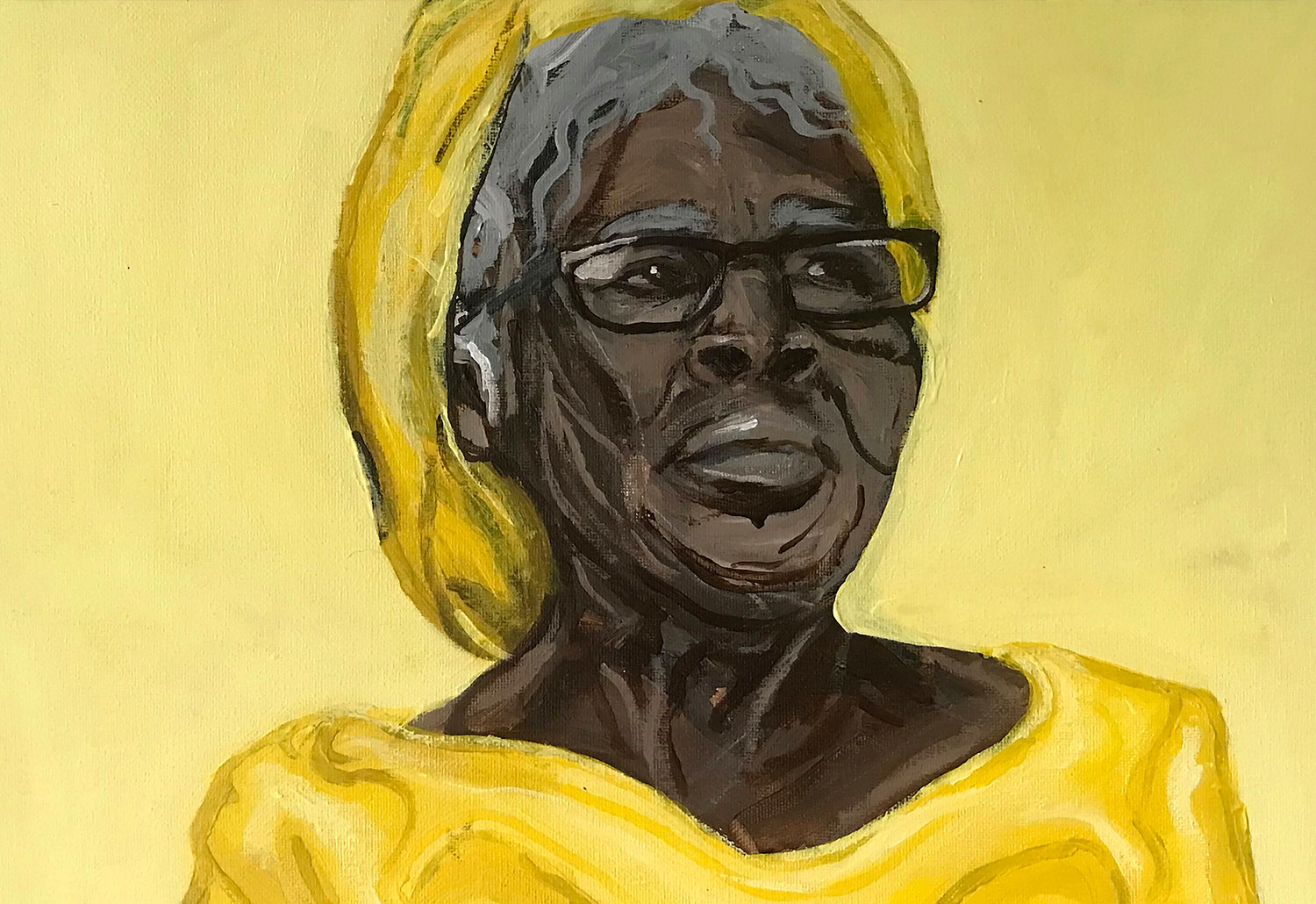 "Opal Lee" by Sabrina Kliza. Painting of an older black woman with grey hair, wearing glasses and yellow outfit against a lighter yellow background