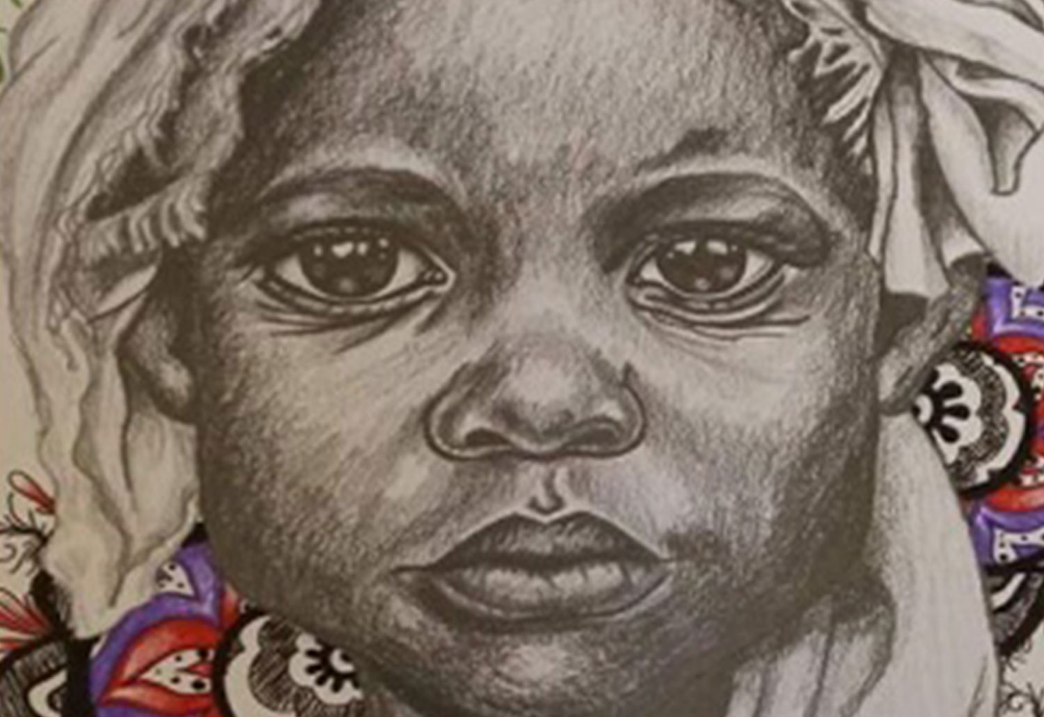 "Princess" by Zakiya Newell. Pencil drawing of a baby with ornamental colored background